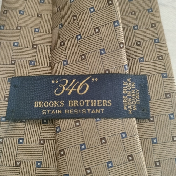 BROOKS BROTHERS 346 PURE SILK MEN’S GEOMETRIC GOLD/TAN & BLUE WEAVE NECKTIE USA - Picture 5 of 10